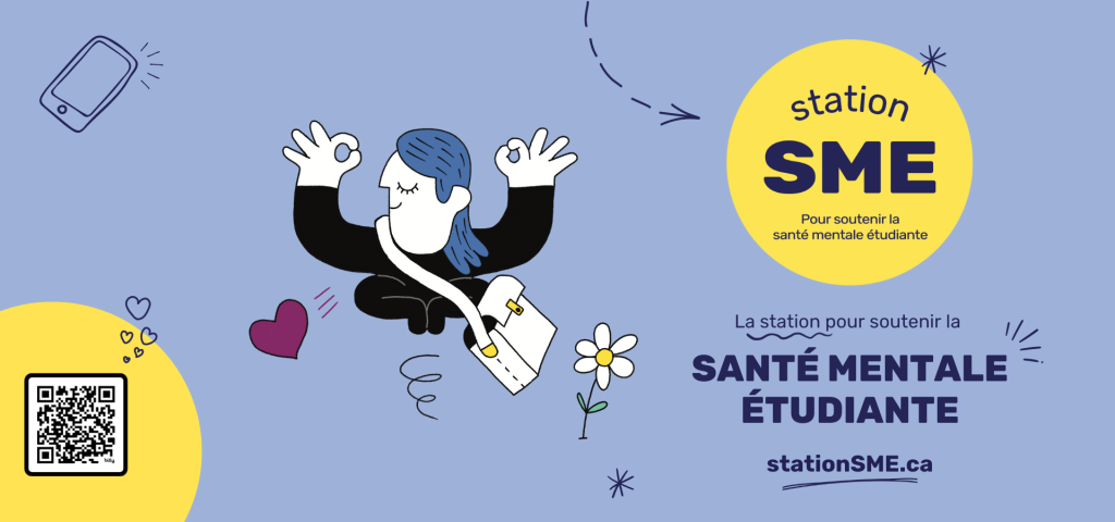 Dessin d'une personne assise en tailleur, les index et pouces de chaque main réunis, avec le titre : La station pour soutenir la santé mentale étudiante