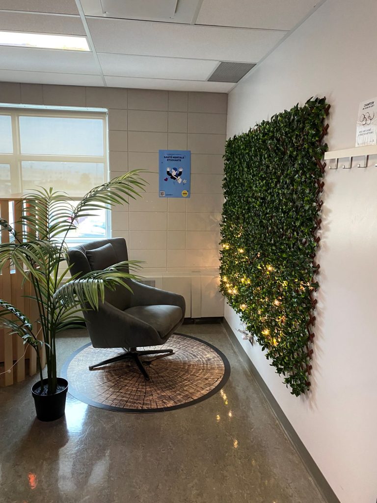 Espace Zen avec fauteuil, plante et murale verte
