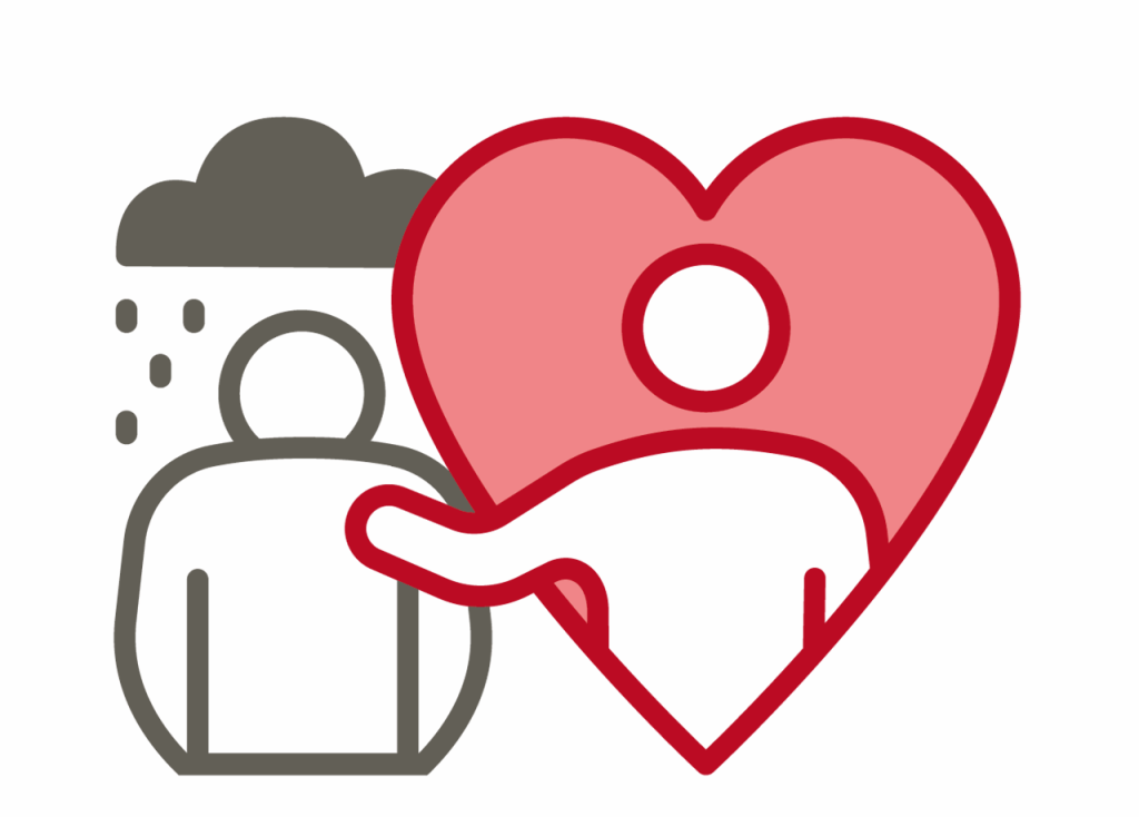 Pictogramme de deux personnages: celui de gauche a le dos courbé et un nuage gris et pluvieux au-dessus de la tête, celui de droite est dans un cœur rouge et pose sa main sur l'épaule de l'autre.