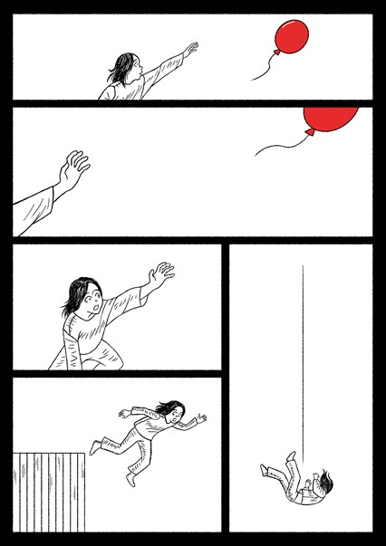 Dessins noir et blanc d'une personne, la main tendue, qui tente d'attraper un ballon, et qui tombe dans le vide ensuite