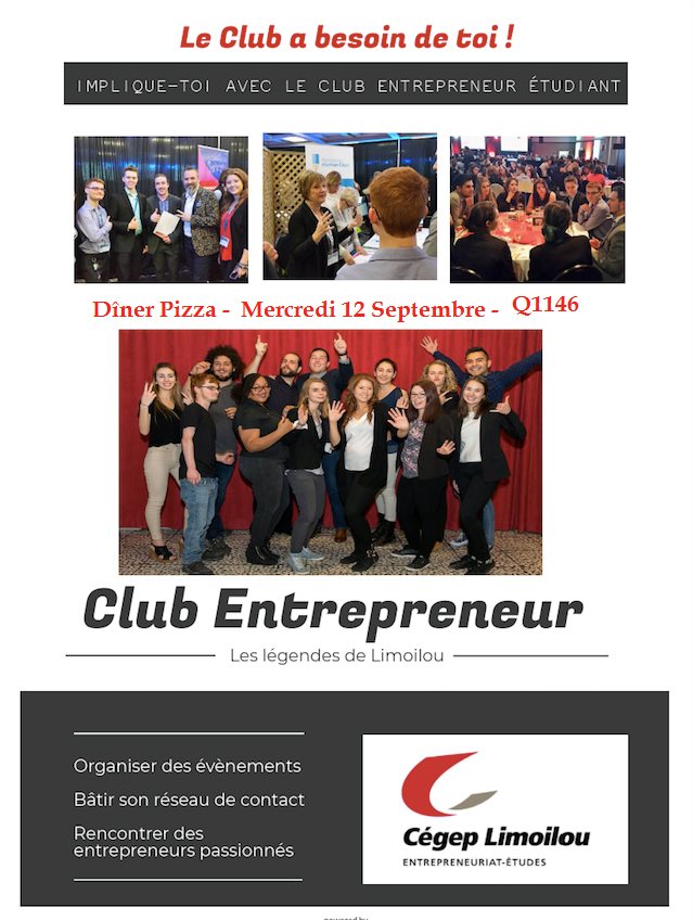 Le club entrepreneur a besoin de toi! Diner pizza mercredi 12 septembre local 1146