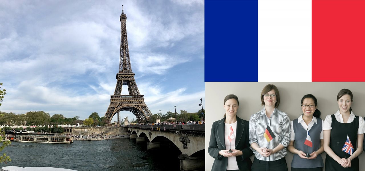 Tour Eiffel, jeunes du monde tenant chacun un petit drapeau et drapeau de la France