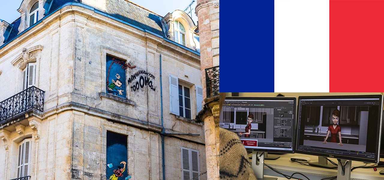 Arts sur un édifice, écran animation et drapeau d'Angoulême en France