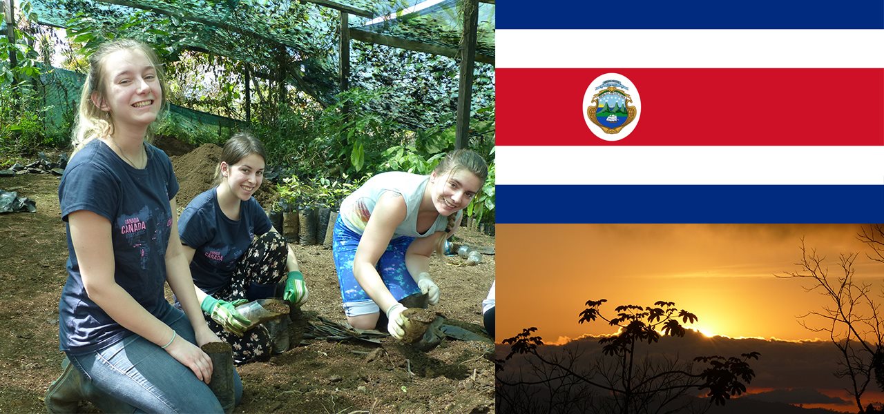 Jeunes souriants travaillant dans la terre, coucher du soleil et drapeau du Costa Rica