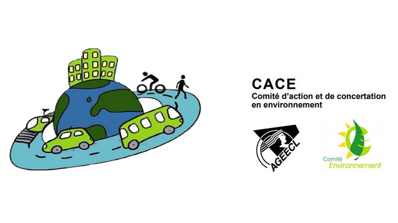 Visuel du concours mobilité moyens de transport autour de la Terre et logo du CACE (Comité d'action et de concertation en environnement), logo de l'AGEECL (Association générale des étudiants et des étudiantes du Cégep Limoilou) et du comité environnement