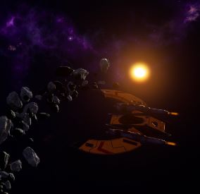 Un vaisseau spatial près d'une ceinture d'astéroïdes