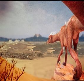 Environnement désertique avec un dinosaure qui regarde au loin