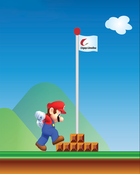 Mario Bros qui arrive au drapeau avec logo du Cégep Limoilou