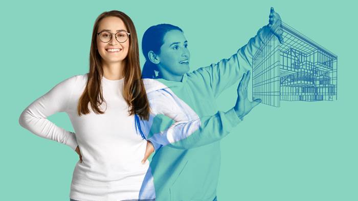 Fille sur fond turquoise avec une représentation de cette même fille au travail en génie du bâtiment
