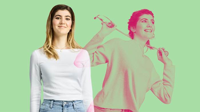 Fille sur fond vert avec une représentation de cette même fille au travail en santé