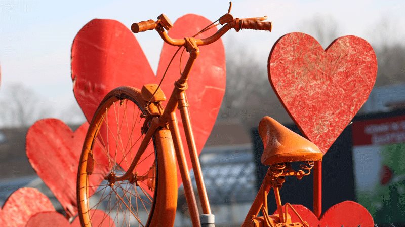 Couverture -  Vélo orange et cœurs rouges