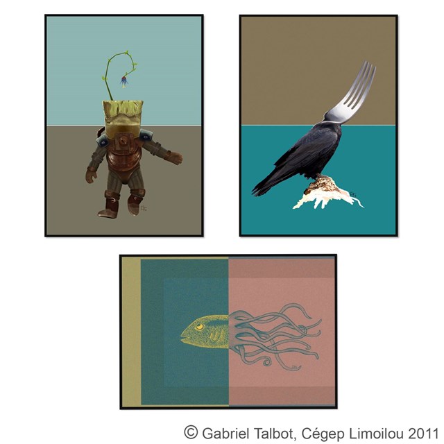 l'oeuvre de droite montre un corbeau avec une tête en fourchette, celle du dessous un poisson avec une queue de pieuvre, et celle de gauche une plante avec un corps de scaphandre