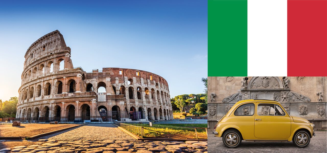Colisée de Rome, drapeau de l'Italie et petite voiture jaune