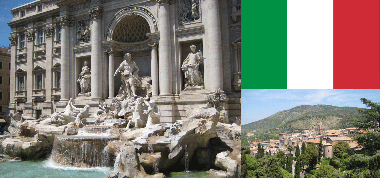 Vue d'une édifice italienne avec sculptures en facade et drapeau de l'Italie