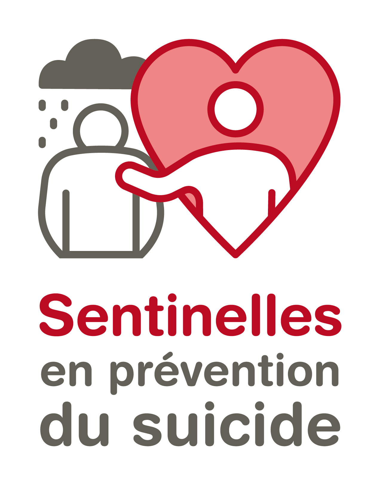 Nouveau logo des Sentinelles en prévention du suicide du Cégep Limoilou: icône d'un coeur rouge avec une personne la main sur l'épaule d'une seconde personne, avec un nuage pluvieux au-dessus d'elle