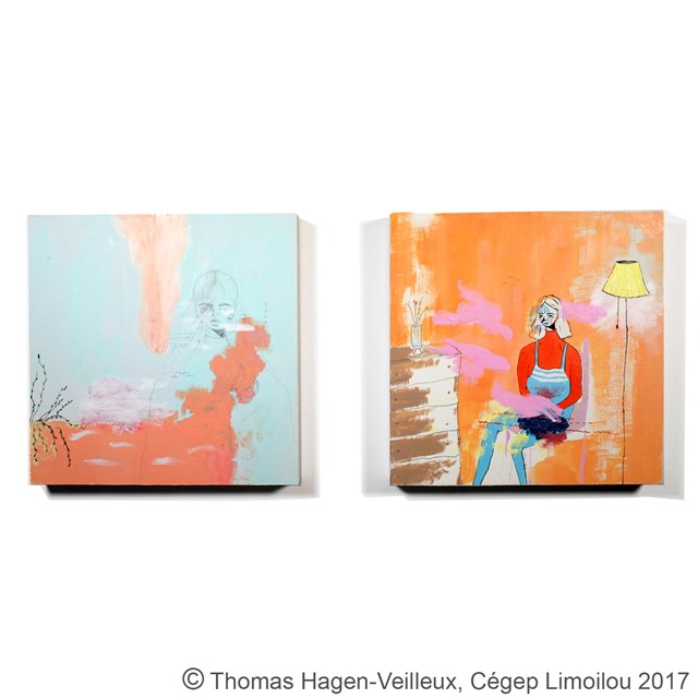 l'oeuvre de gauche montre une silhouette de femme, entourée de couleur orange évoquant la végétation, et l'oeuvre de droite montre une femme à l'allure triste, assise devant une commode et sous un abat-jour