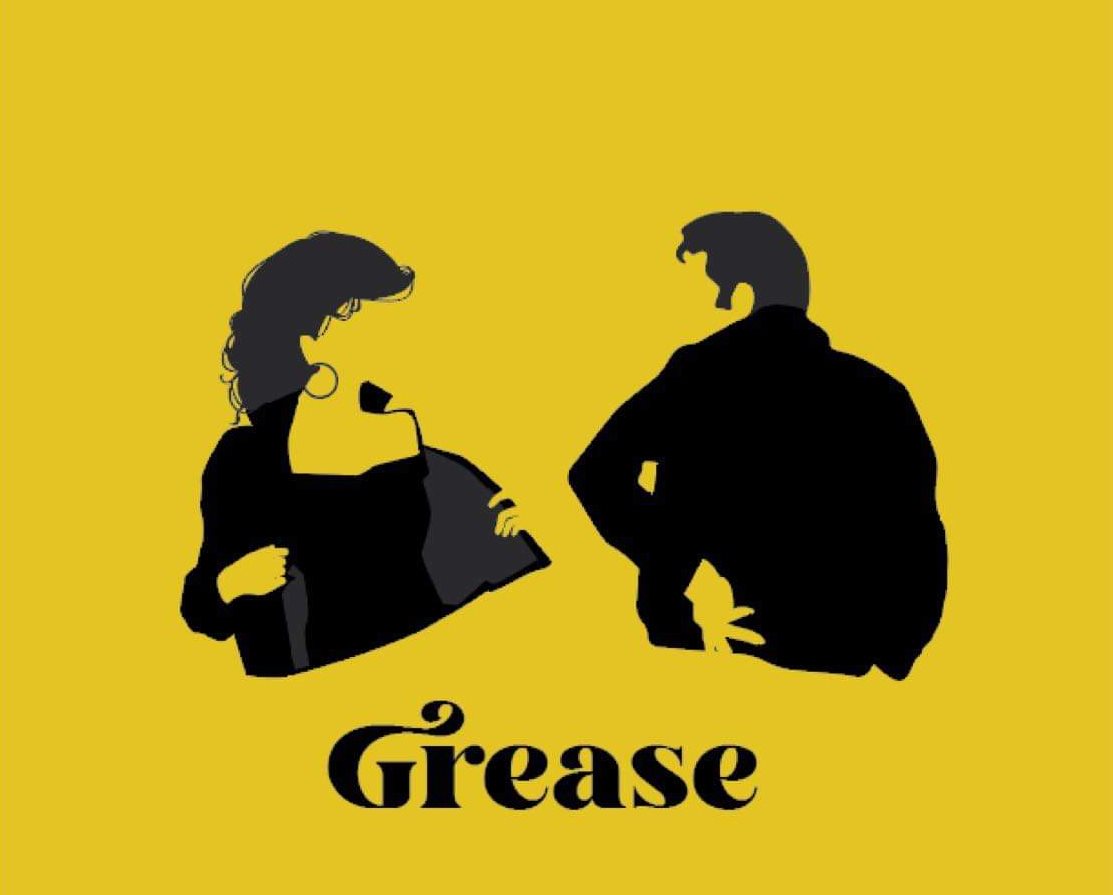 illustration en noir des deux acteurs principaux de Grease : Olivia Newton John et John Travolta sur fond jaune