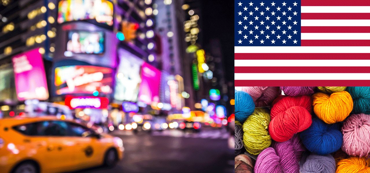 Vue de Times Square et d'un taxi à New York, balles de laine colorées et drapeau de New York