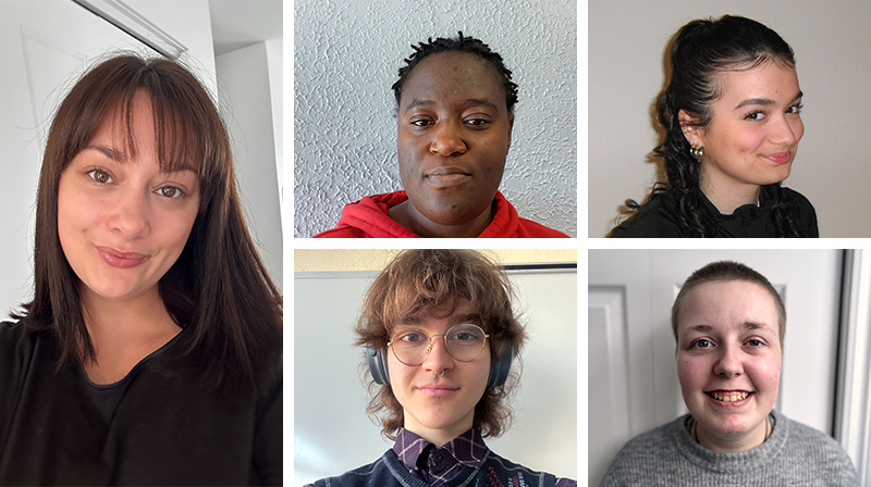 Étudiants en Tremplin DEC : Audrey Dubé, Alvine Flore Guefa Noubossie Kemfang, Lily-Rose Louazel, Caleb Lavoie et Sarah Chaussard