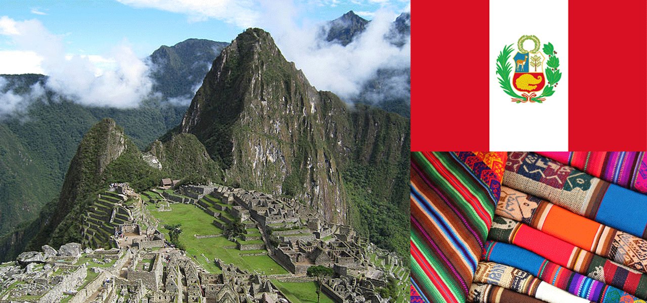 Vue sur les montages, tissus colorés péruviens et drapeau du Pérou