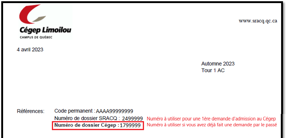 Exemple d'un numéro de DA inscrit sur une lettre d'admission