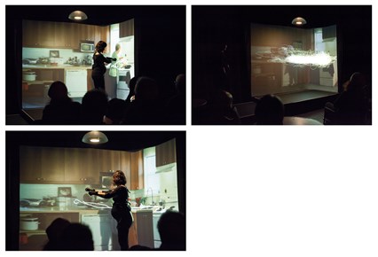 3 images d'une cuisinière dans sa cuisine, avec une artiste en avant-plan qui démontre les gestes