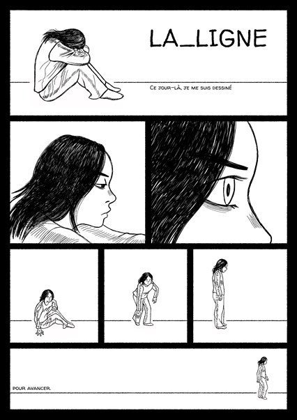 La_Ligne Ce jour-là je me suis dessiné poura avancer. Différents dessins en noir et blanc d'une personne d'abord assise, la tête sur les genoux, et qui se relève