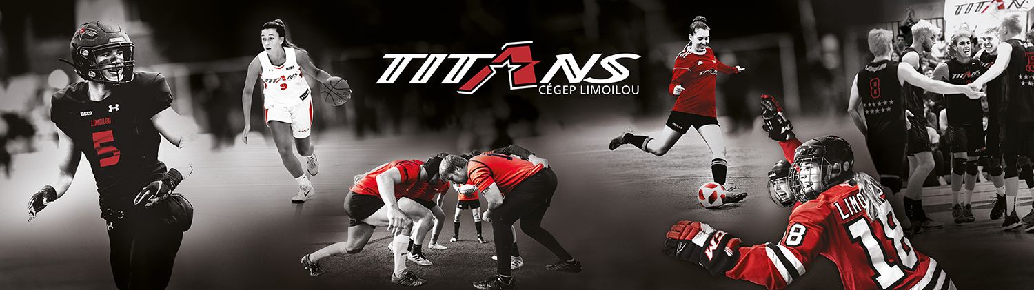 Équipes des Titans logo et images de sportifs dans les domaines football, basketball, rugby, soccer, hockey et volleyball en noir et gris avec incrustation de rouge