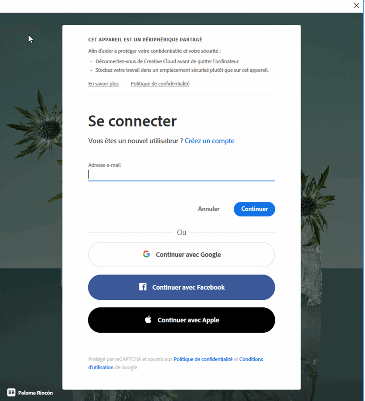 Fenêtre de connexion : Se connecter; Vous êtes un nouvel utilisateur? Créer un compte (lien); Adresse courriel (champ texte sélectionné); Annuler (bouton) Continuer (continuer); Ou Continuer avec Google (bouton) Continuer avec Facebook (bouton) Continuer avec Apple (bouton)