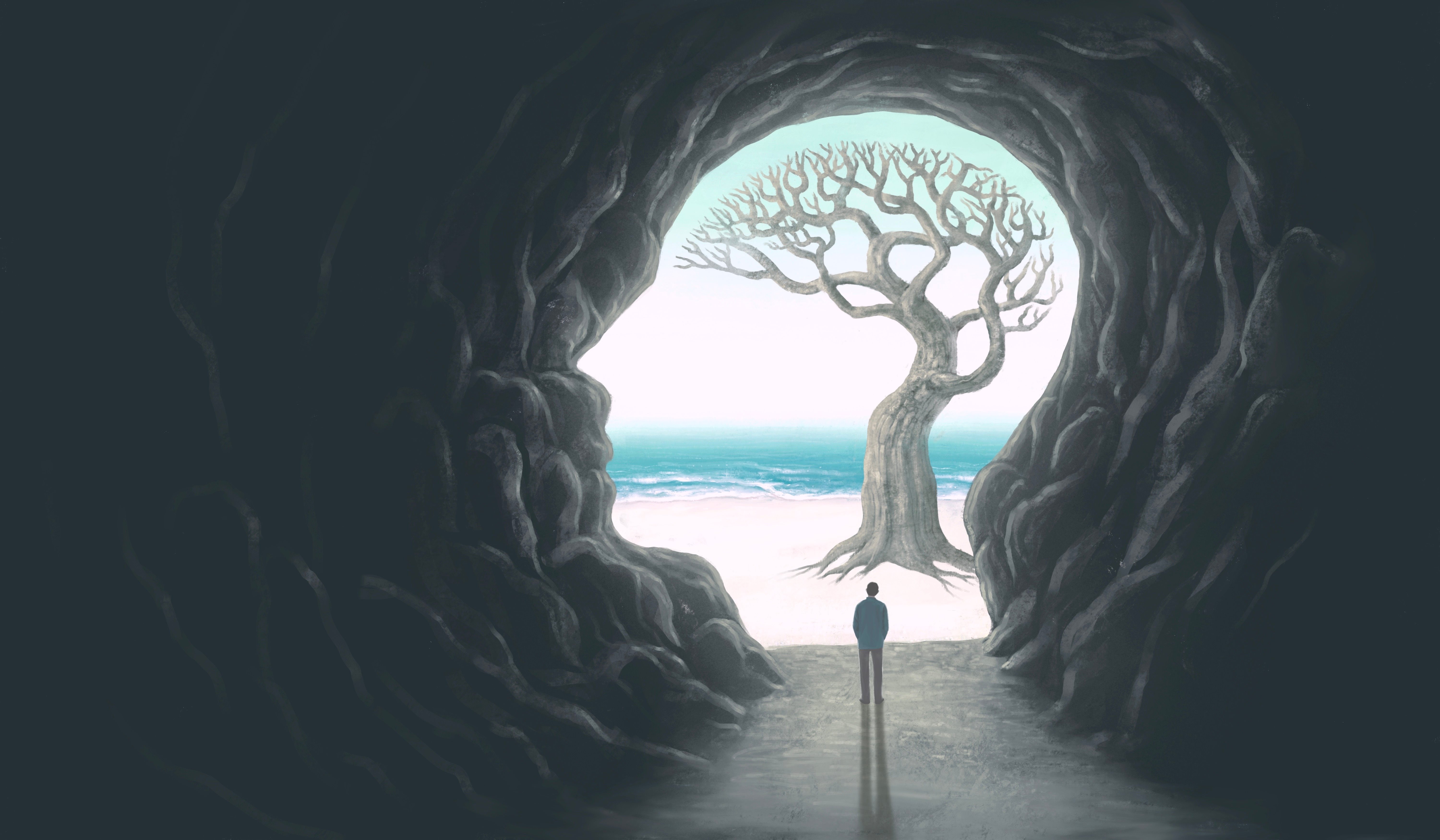 Arrière-plan: un arbre avec branches et racines, dessiné dans la silhouette d'une tête de profil; avant-plan: une personne devant l'arbre