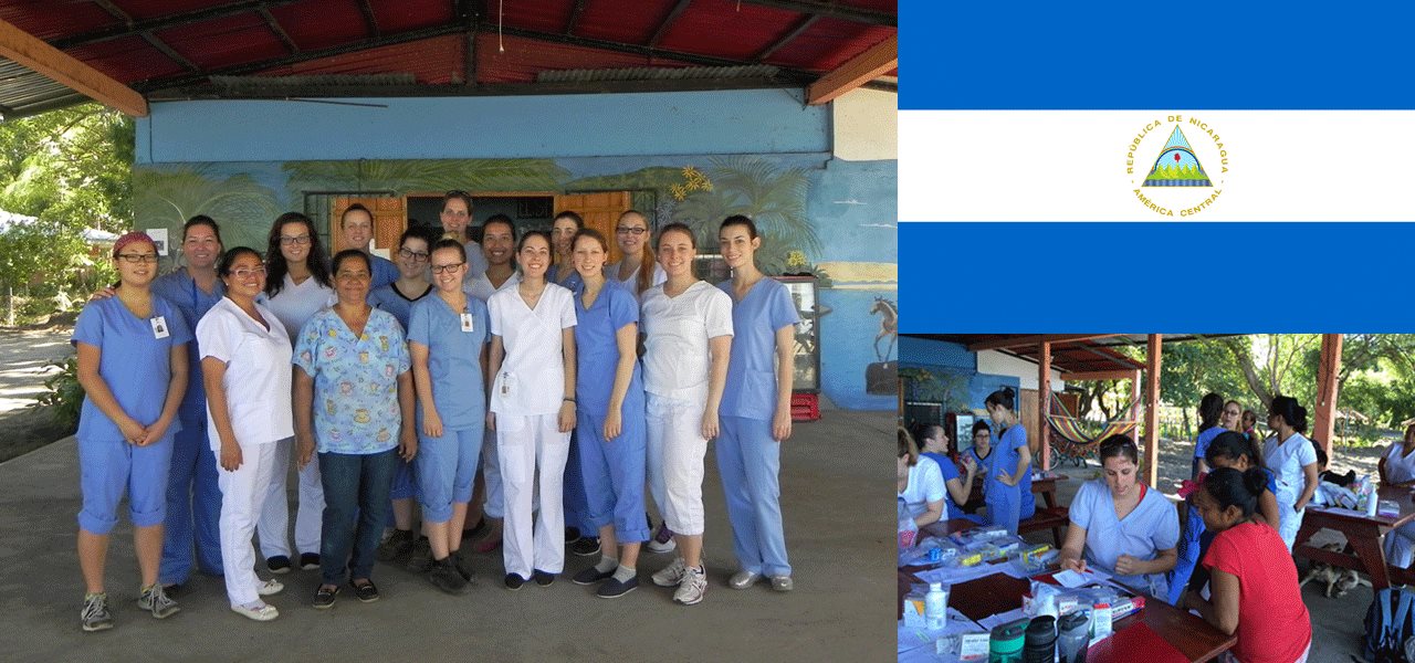 Infirmières étudiantes au Nicaragua et drapeau de ce pays
