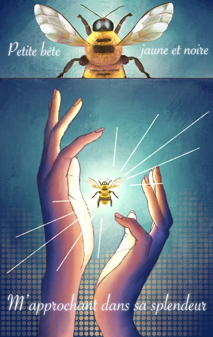 Petite bête jaune et noir m'approchant dans sa splendeur. Dessin en gros plan d'une abeille entre des mains tendues