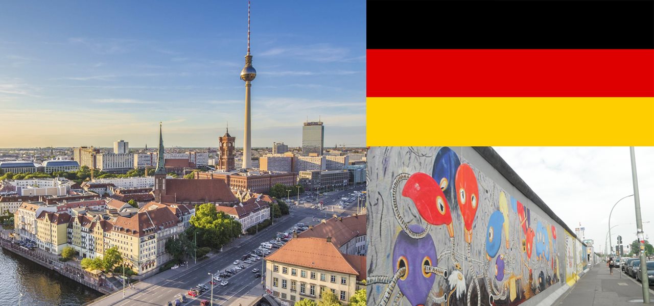 Vue de la ville, graffiti et drapeau d'Allemagne