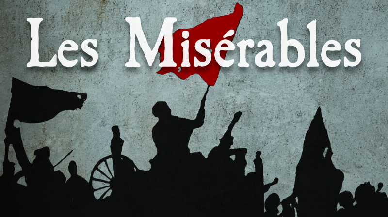 Affiche Les Misérables en texte blanc sur fond gris